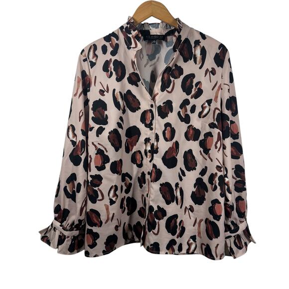 ELOQUII Blouse Women 14 Animal Plus Size Button Down Long Sleeve Ruffle Career - Picture 1 of 8
